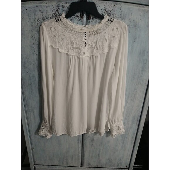 Loft Embroidered Long Sleeve Blouse Large White Cottage Core Feminine Peasant - Picture 1 of 11